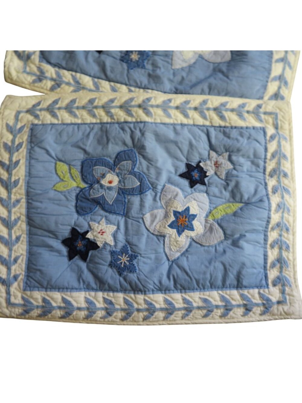Vintage Pottery Barn Blue Floral Quilted Pillow Shams 20x26 Set of 2 All Cotton